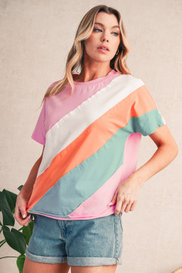 Pink Color Block Patchwork Seamed Crewneck T Shirt