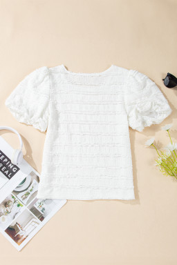 White Frilled Trim Bubble Sleeve Blouse