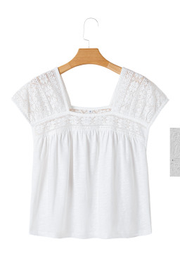 White Hollowed Lace Patchwork Square Neck Short Sleeve Blouse