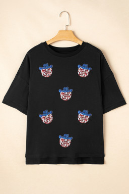 Black Sequin Disco Ball Patched Crewneck T Shirt