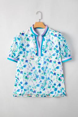 Green Floral Print Pop of Color Split Neck Puff Sleeve Plus Size Blouse