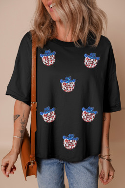 Black Sequin Disco Ball Patched Crewneck T Shirt