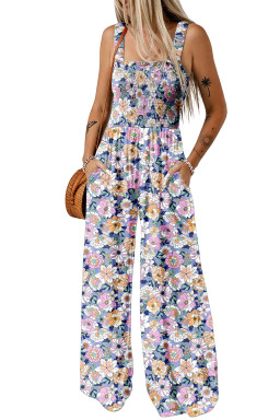 Purple Floral Square Neckline Stretch High Waist Jumpsuit