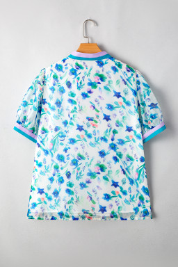 Green Floral Print Pop of Color Split Neck Puff Sleeve Plus Size Blouse