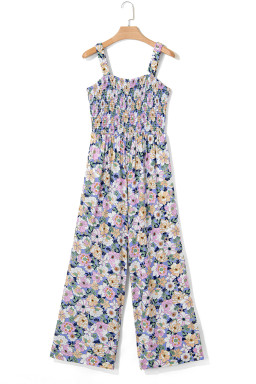 Purple Floral Square Neckline Stretch High Waist Jumpsuit