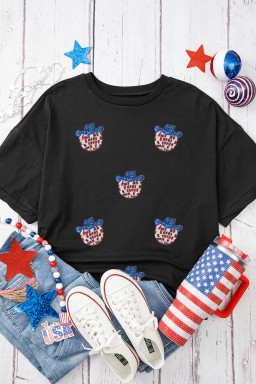 Black Sequin Disco Ball Patched Crewneck T Shirt