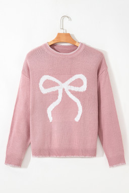 Pink Sweet Bow Drop Sleeve Round Neck Sweater