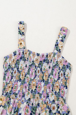 Purple Floral Square Neckline Stretch High Waist Jumpsuit