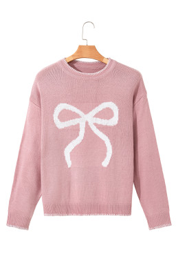 Pink Sweet Bow Drop Sleeve Round Neck Sweater