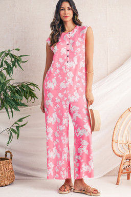 Pink Floral Print Sleeveless Wide Leg Jumpsuit