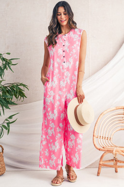 Pink Floral Print Sleeveless Wide Leg Jumpsuit