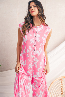 Pink Floral Print Sleeveless Wide Leg Jumpsuit