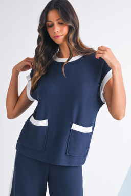 Navy Blue Contrast Trim Pocket T Shirt and Wide Leg Pants Set