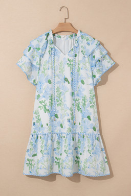 Sky Blue Floral Contrast Edge Ruffle Sleeve Tie Neck Mini Dress