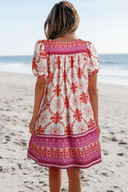 Rose Boho Floral Short Sleeve Tie V Neck Mini Dress
