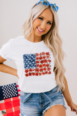White Patriotic Star Floral Printed T Shirt