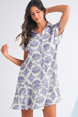 Sky Blue Abstract Print Collared Mini Dress