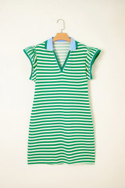 Green Striped Ruffle Short Sleeve Pop of Color Neckline Dress