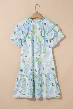 Sky Blue Floral Contrast Edge Ruffle Sleeve Tie Neck Mini Dress