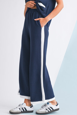 Navy Blue Contrast Trim Pocket T Shirt and Wide Leg Pants Set