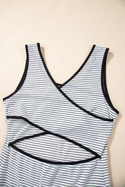 White Striped Criss Cross Back Side Slits Slim Fit Sleeveless Dress