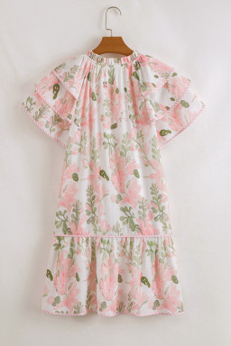 Pink Floral Contrast Edge Ruffle Sleeve Tie Neck Mini Dress