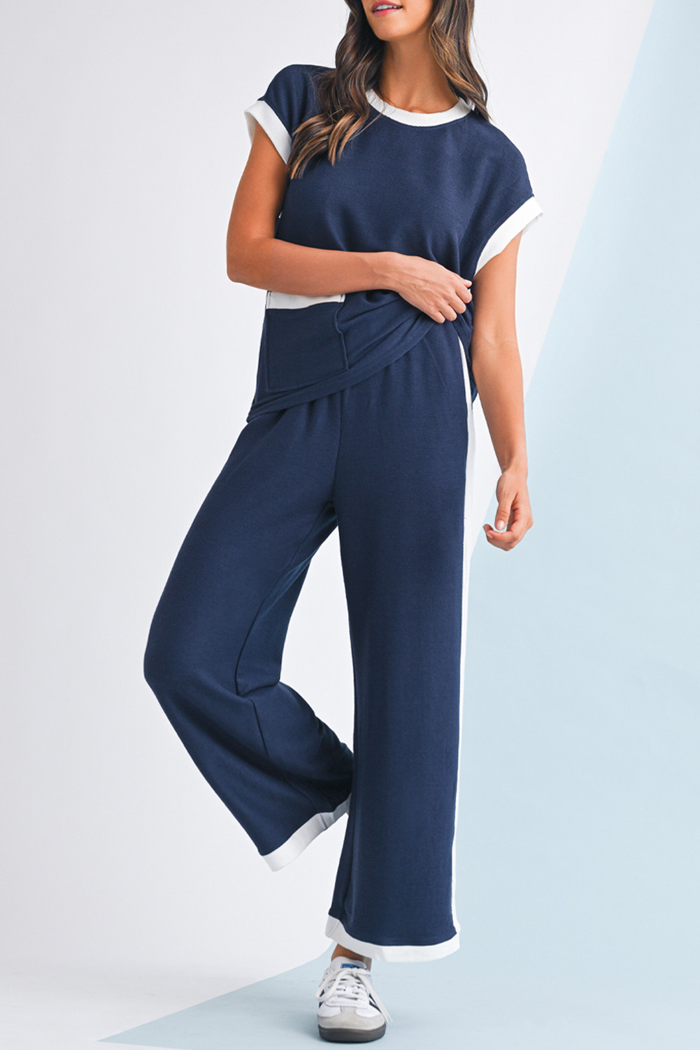 Navy Blue Contrast Trim Pocket T Shirt and Wide Leg Pants Set