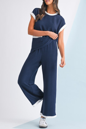Navy Blue Contrast Trim Pocket T Shirt and Wide Leg Pants Set
