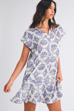 Sky Blue Abstract Print Collared Mini Dress