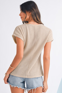 Oatmeal Hollow Patchwork Waffle Knit Top