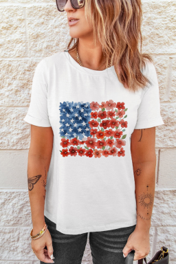 White Patriotic Star Floral Printed T Shirt