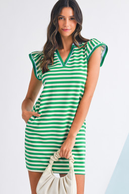 Green Striped Ruffle Short Sleeve Pop of Color Neckline Dress
