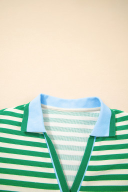 Green Striped Ruffle Short Sleeve Pop of Color Neckline Dress