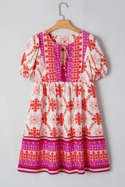 Rose Boho Floral Short Sleeve Tie V Neck Mini Dress