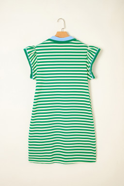 Green Striped Ruffle Short Sleeve Pop of Color Neckline Dress