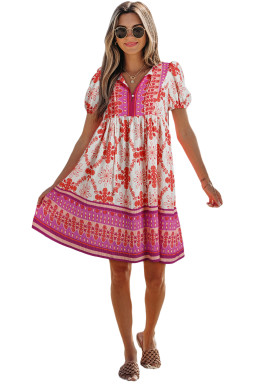 Rose Boho Floral Short Sleeve Tie V Neck Mini Dress