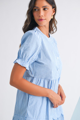 Sky Blue Stripe Bubble Sleeve Scallop Tiered Dress