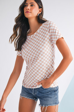 Pink Checkered Ribbed Slim Fit Crew Neck T-Shirt