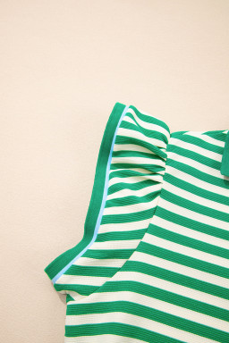 Green Striped Ruffle Short Sleeve Pop of Color Neckline Dress