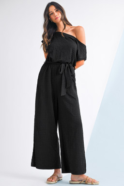 Black Checkered Mesh One Shoulder Short Sleeve Knotted Waist Jumpsuit
