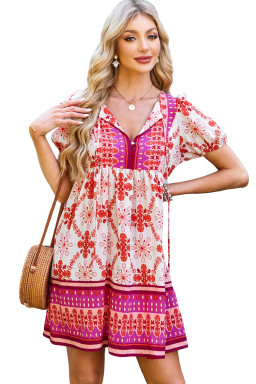 Rose Boho Floral Short Sleeve Tie V Neck Mini Dress