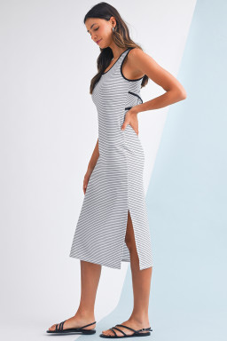 White Striped Criss Cross Back Side Slits Slim Fit Sleeveless Dress