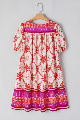 Rose Boho Floral Short Sleeve Tie V Neck Mini Dress