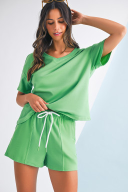 Mint Green V Neck Drop Shoulder Tee and Patchwork Shorts Set