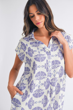 Sky Blue Abstract Print Collared Mini Dress