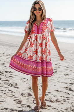 Rose Boho Floral Short Sleeve Tie V Neck Mini Dress