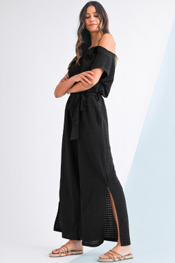 Black Checkered Mesh One Shoulder Short Sleeve Knotted Waist Jumpsuit