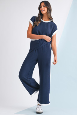 Navy Blue Contrast Trim Pocket T Shirt and Wide Leg Pants Set