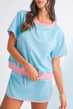 Turquoise Colorblock Edge Drop Shoulder T Shirt and Skort 2Pcs Set