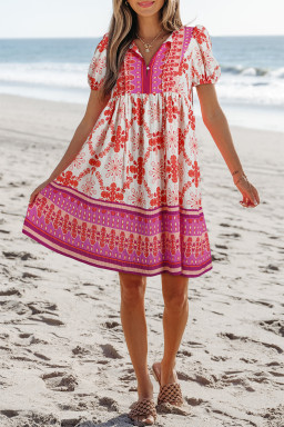 Rose Boho Floral Short Sleeve Tie V Neck Mini Dress